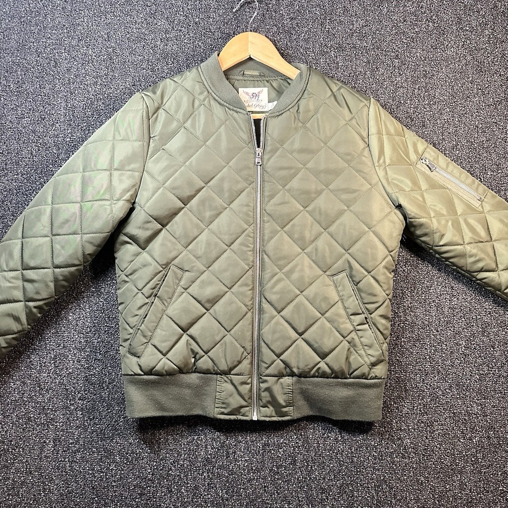Faded Glory Womens Quilted Bomber Jacket Olive Green Full Zip Flight Coat Medium